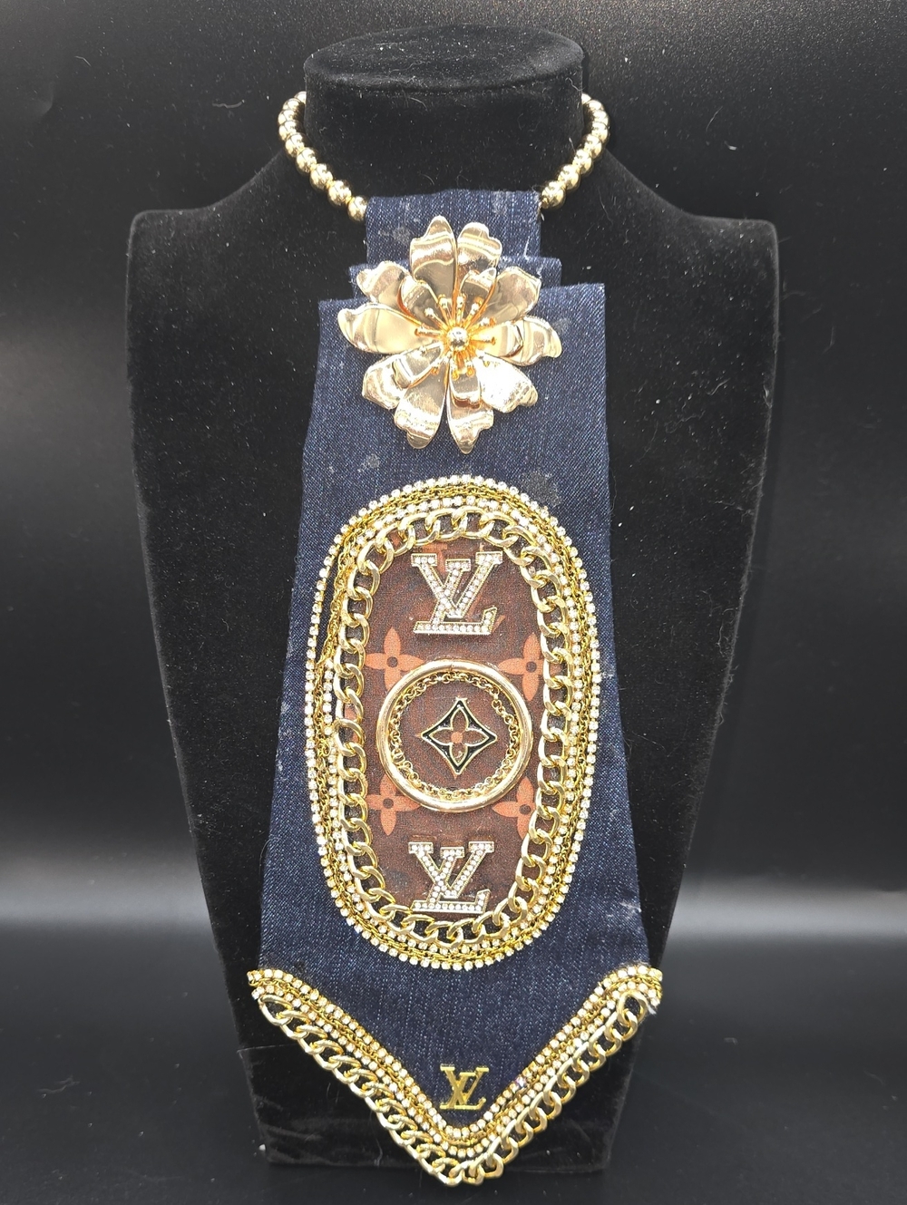Denim and Gold Embellished Tie Necklace